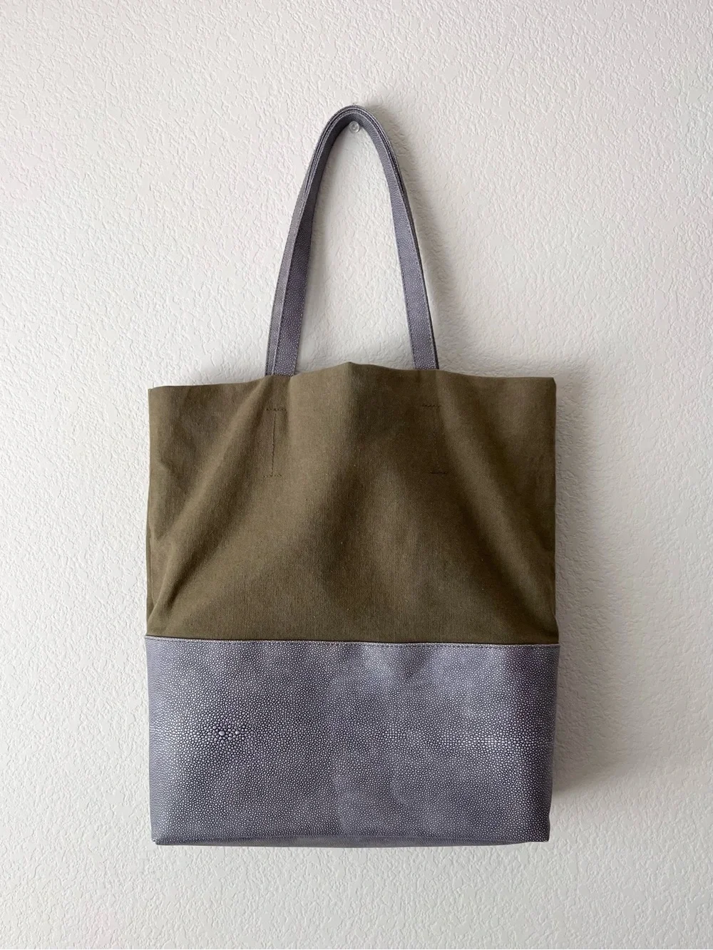 Large canvas and lizard embossed tote bag